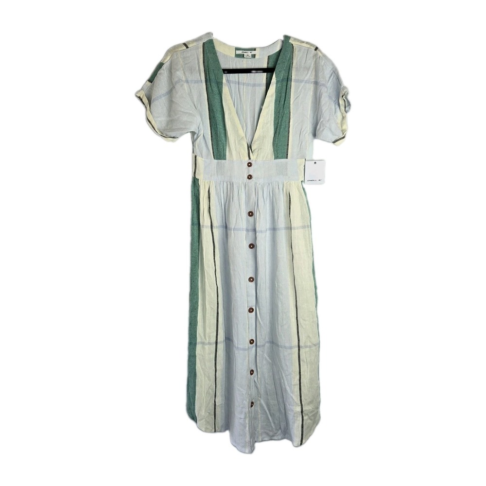 O'Neill Reid Striped Button Up Midi Dress Womens XS Deep V Teal Blue Beach Coast